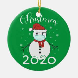 Funny 2020 Christmas Snowman With Face Mask Ceramic Ornament