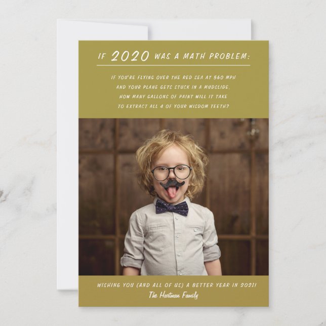 Funny 2020 Math Problem Gold New Year Photo Holiday Card (Front)