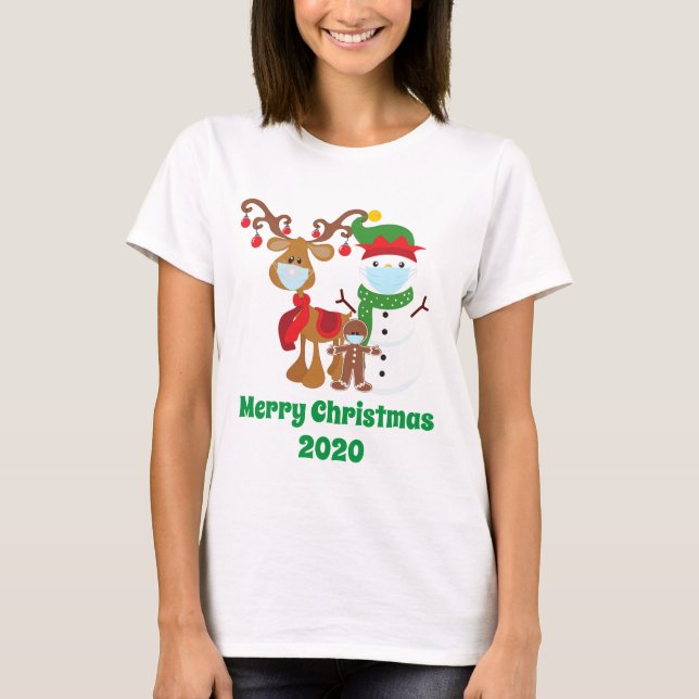 Funny 2020 Reindeer Snowman Face masks Christmas T-Shirt (Front)