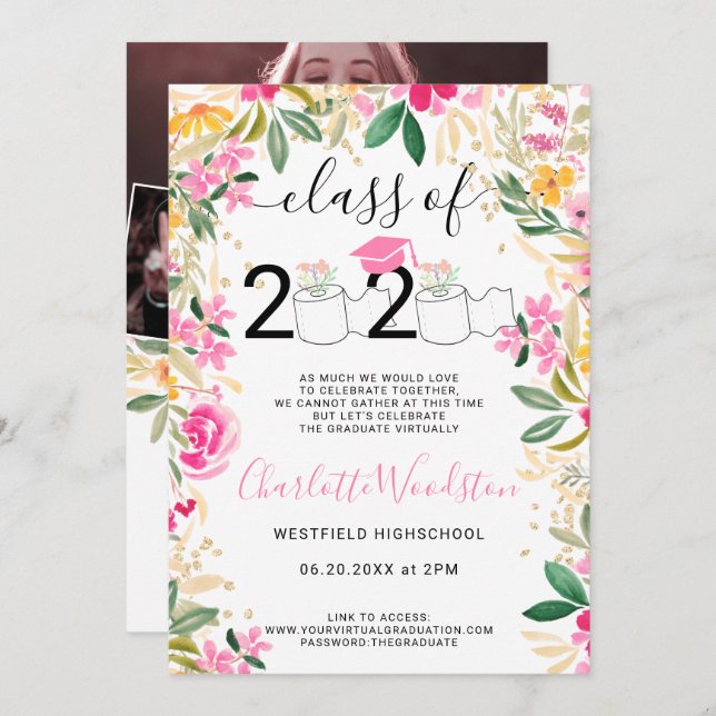 Funny 2020 roll floral photos virtual graduation invitation (Front/Back)