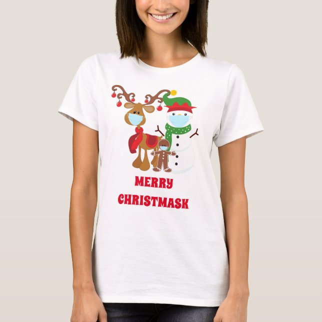 Funny 2021 Reindeer Snowman Face masks Christmask T-Shirt (Front)
