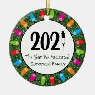 Funny 2021 Vaccinated Family Photo Green Glitter Ceramic Ornament