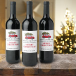 Funny 2024 Is Almost Over Greenery Name Holiday Wine Label<br><div class="desc">A great gift idea for your friends and family. A red car carrying a Christmas tree on the top of the label. "20XX is almost over" and One more time to WINE about it" and other custom text in classic typography.</div>
