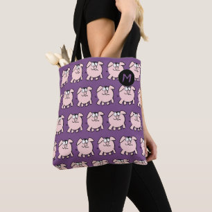 Funny 2 Cartoon Pig Monogram Choose Colour Tote
