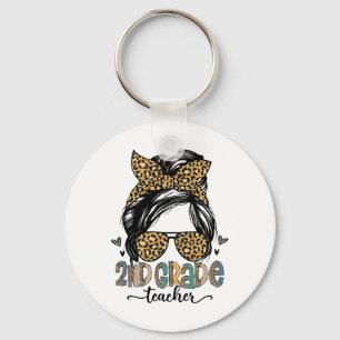 Funny 2nd Grade Teacher Messy Bun Leopard Ck To Sc Key Ring