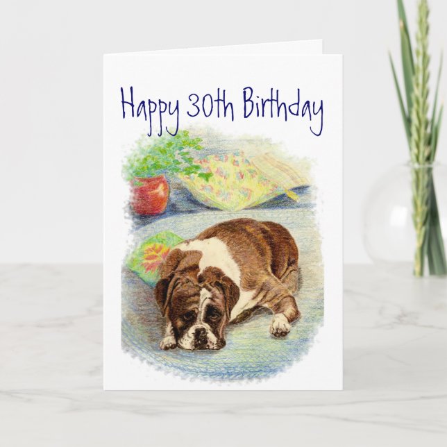 Funny 30th Birthday, Cute but Sad Boxer Dog Card (Front)