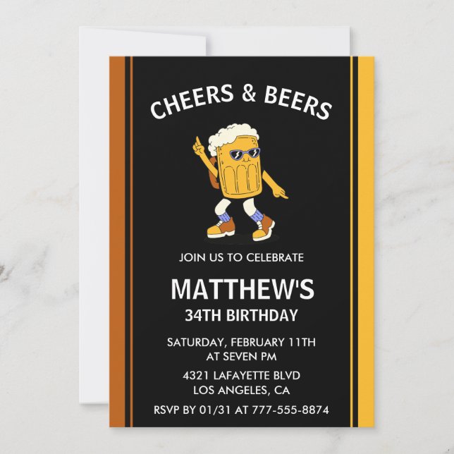 Funny 34th birthday invitations Cheers and Beers (Front)