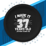 Funny 37th Birthday Quote Sarcastic 37 Year Old Paper Plate<br><div class="desc">This funny 37th birthday design makes a great sarcastic humour joke or novelty gag gift for a 37 year old birthday theme or surprise 37th birthday party! Features "I Made it to 37 Years Old... Nothing Scares Me" funny 37th birthday meme that will get lots of laughs from family, friends,...</div>