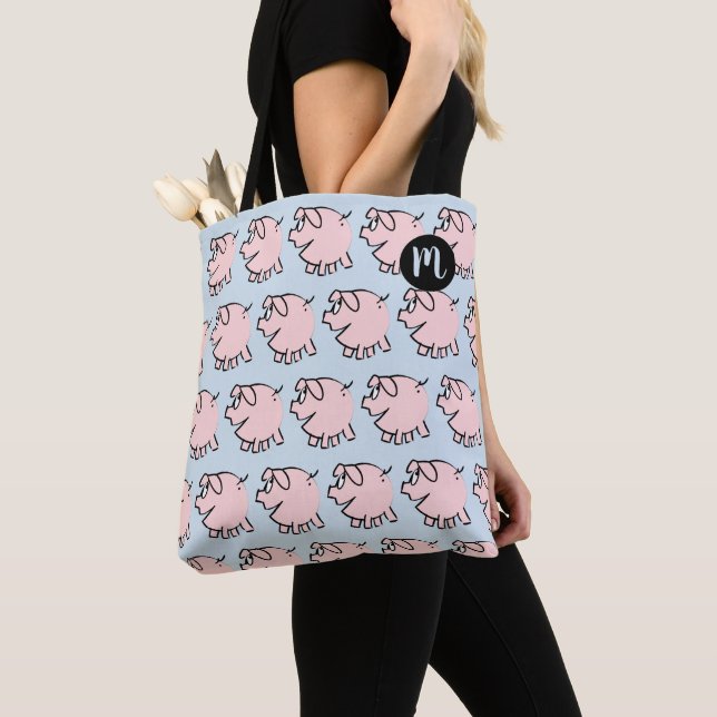 Funny 3 Cartoon Pig Monogram Choose Colour Tote Ba Bag (Close Up)