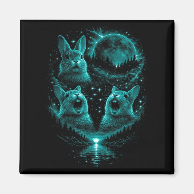 Funny 3 Howling Bunny Ice Blue Full Moon Eclipse Magnet (Front)