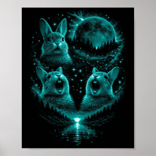 Funny 3 Howling Bunny Ice Blue Full Moon Eclipse Poster