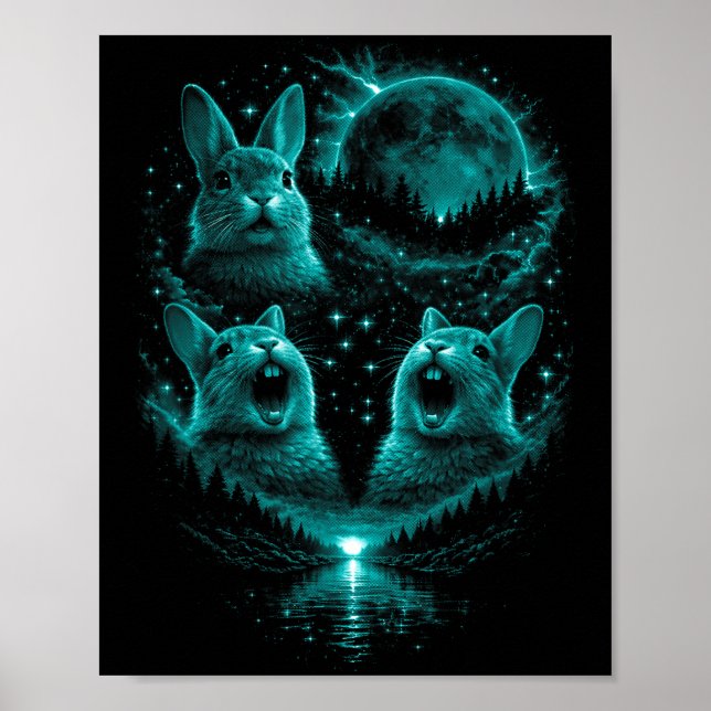 Funny 3 Howling Bunny Ice Blue Full Moon Eclipse Poster (Front)