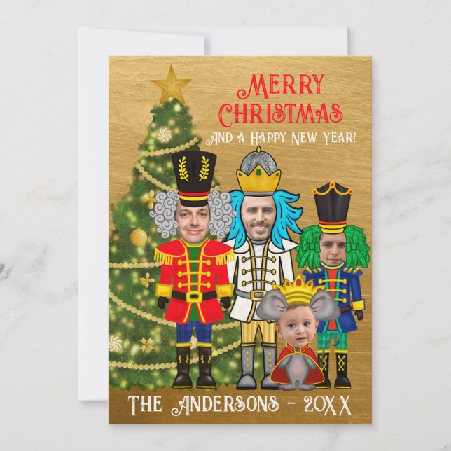 Funny 3 Nutcrackers and Mouse King Merry Christmas Holiday Card (Front)