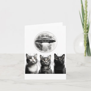 Funny 3 Scared Cats Moon Ufo Alien Earth Invasion Card