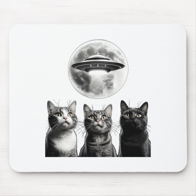 Funny 3 Scared Cats Moon Ufo Alien Earth Invasion  Mouse Pad (Front)