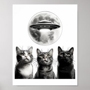 Funny 3 Scared Cats Moon Ufo Alien Earth Invasion Poster