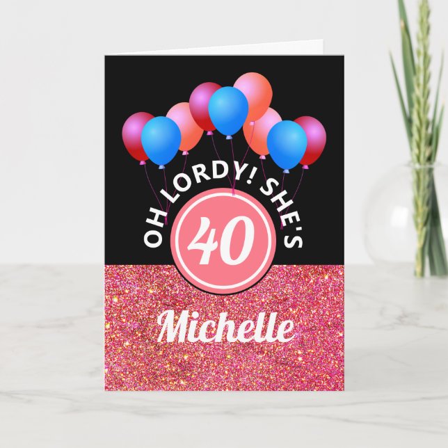 Funny 40th Birthday Pink Glitter Balloons Name Card (Front)