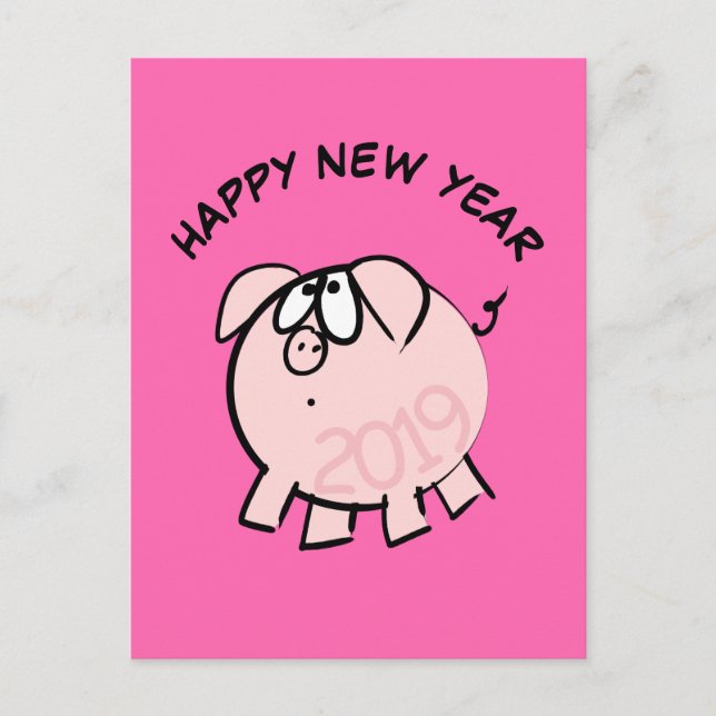 Funny 4 Cartoon Illustration Pig  Year 2019 PostC Invitation Postcard (Front)