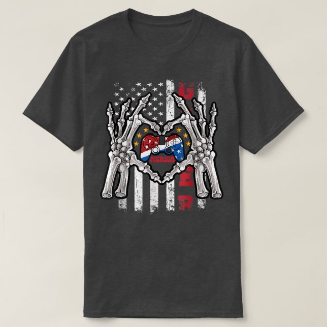 Funny 4th of July American Flag Usa Skeleton Video T-Shirt (Design Front)