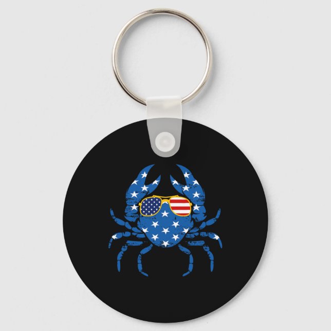 Funny 4th Of July Crab Fisherman American Flag Vin Key Ring (Front)