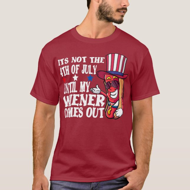 Funny 4th of July Hot Dog Wiener Comes Out Adult T-Shirt (Front)
