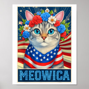 Funny 4th Of July Meowica Kitty Cat American Flag Poster