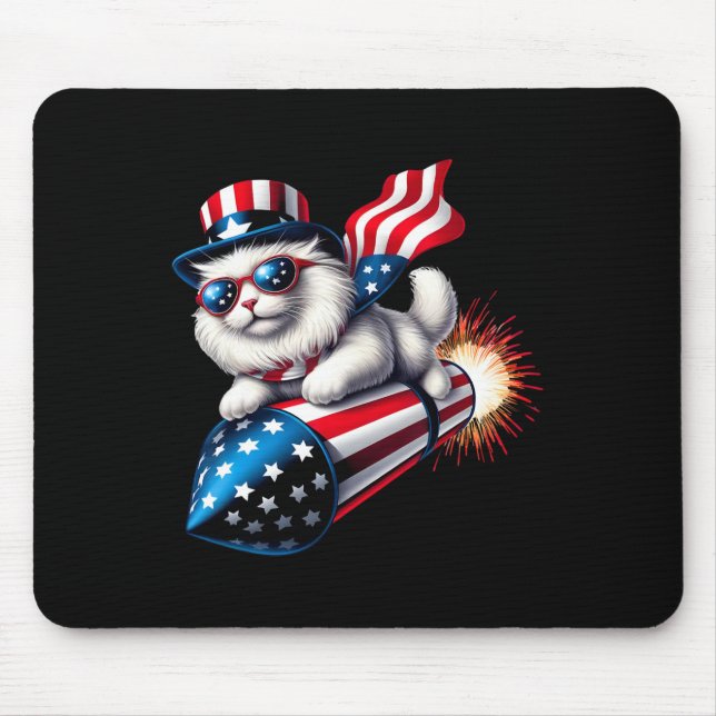 Funny 4th Of July Patriotic Cat Rocket With Firewo Mouse Pad (Front)