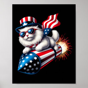 Funny 4th Of July Patriotic Cat Rocket With Firewo Poster