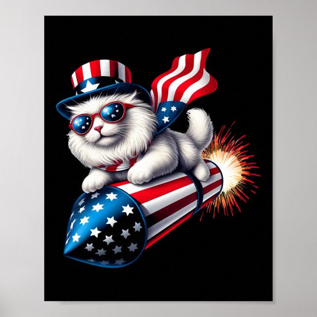 Funny 4th Of July Patriotic Cat Rocket With Firewo Poster (Front)
