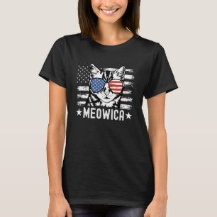 Funny 4th of July Patriotic Cat with Flag Sunglass T-Shirt