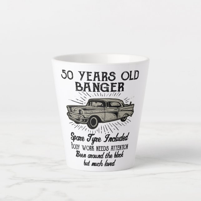 Funny 50th Birthday Retro Car Banger Add Name Date Latte Mug (Front)