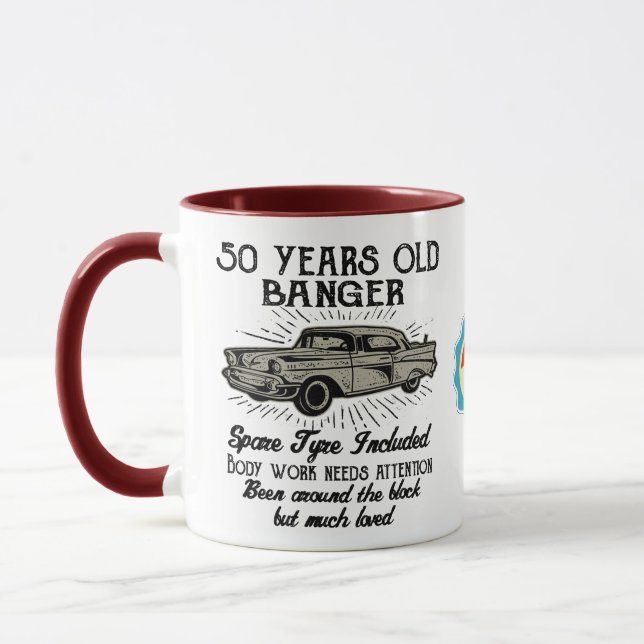 Funny 50th Birthday Retro Car Banger Add Name Date Mug (Left)