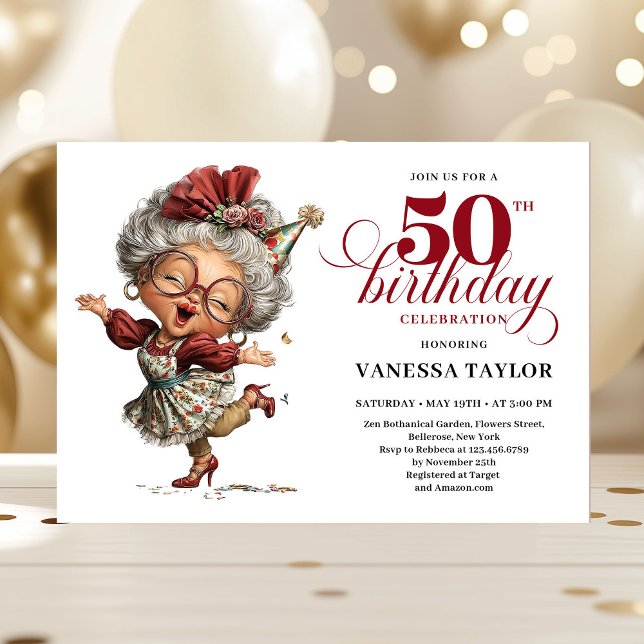 Funny 50th birthday woman whimsical party card (Funny 50th birthday woman whimsical party card)