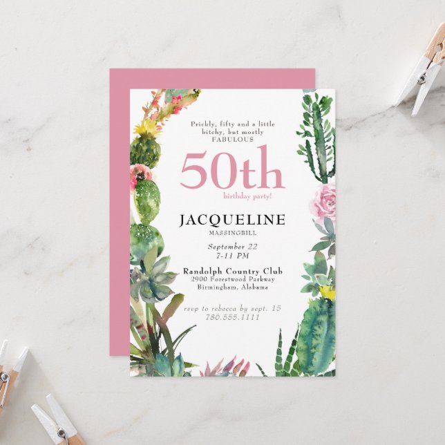 Funny 50th Cactus Prickly, Bitchy & Fabulous  Invitation (Front/Back In Situ)