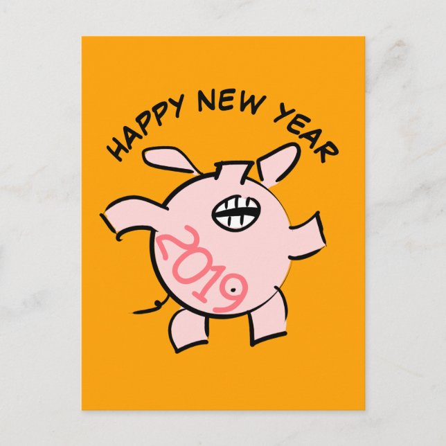 Funny 5 Cartoon Illustration Pig  Year 2019 PostC Invitation Postcard (Front)