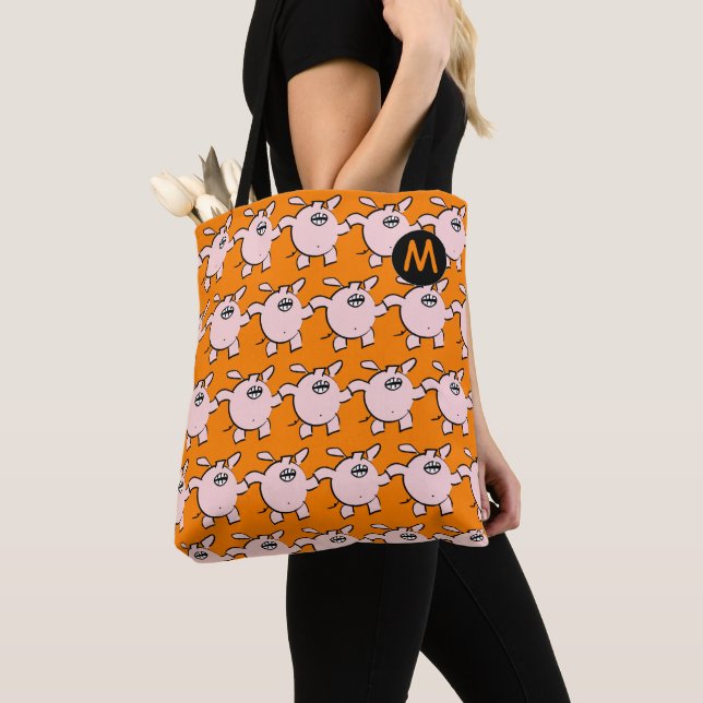 Funny 5 Cartoon Pig Monogram Choose Colour Tote Ba (Close Up)