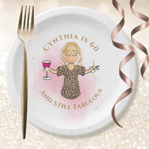 Funny 60th Birthday Cartoon Pink 60 and Fabulous Paper Plate