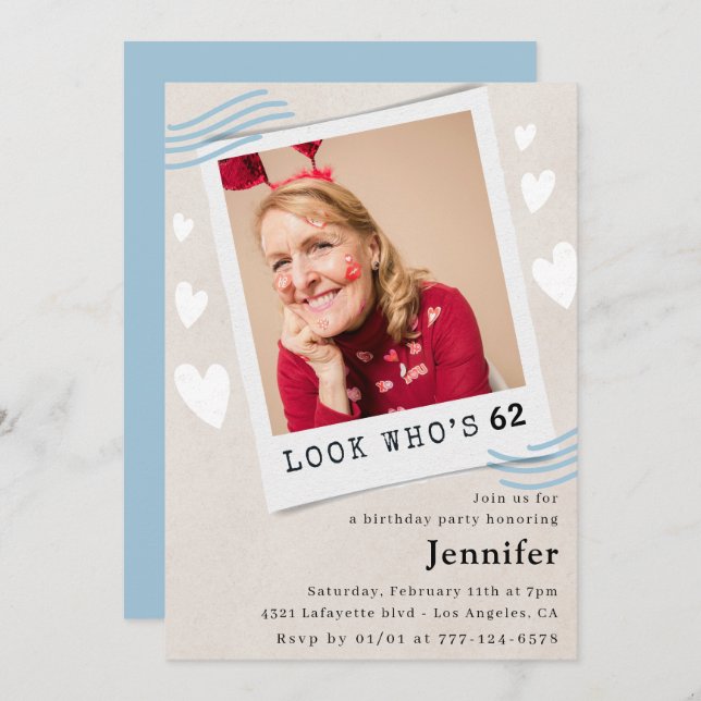 Funny 62nd birthday invitations Photo for her (Front/Back)