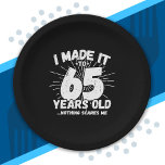 Funny 65th Birthday Quote Sarcastic 65 Year Old Paper Plate<br><div class="desc">This funny 65th birthday design makes a great sarcastic humour joke or novelty gag gift for a 65 year old birthday theme or surprise 65th birthday party! Features "I Made it to 65 Years Old... Nothing Scares Me" funny 65th birthday meme that will get lots of laughs from family, friends,...</div>