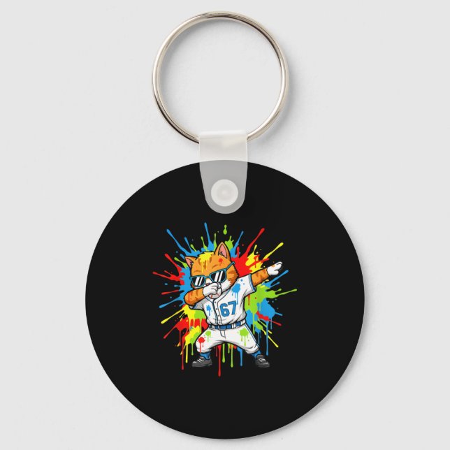 Funny 67 Baseball Dabbing Cat 6 7 Dripng Ice Cream Key Ring (Front)