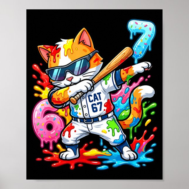 Funny 67 Baseball Dabbing Cat 6 7 Dripng Ice Cream Poster (Front)