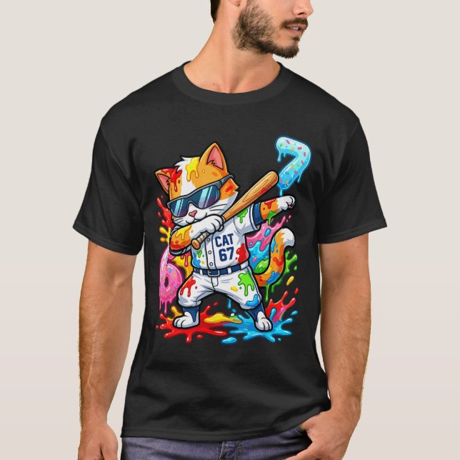 Funny 67 Baseball Dabbing Cat 6 7 Dripng Ice Cream T-Shirt (Front)