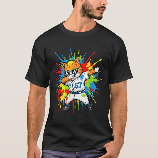 Funny 67 Baseball Dabbing Cat 6 7 Dripng Ice Cream T-Shirt (Front)