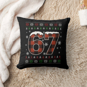 Funny “67” Christmas Meme – Red & Green Plaid  Cushion