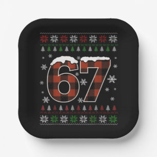 Funny “67” Christmas Meme – Red & Green Plaid Paper Plate