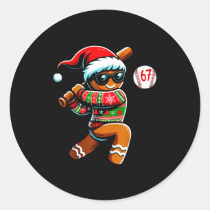 Funny 67 Gingerbread Man Playing Baseball Christma Classic Round Sticker