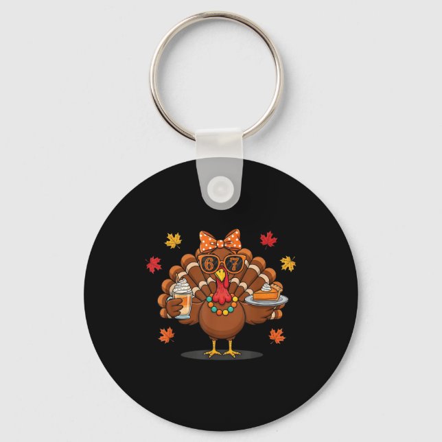 Funny 67 Meme Thanksgiving Turkey With Pumpkin Pie Key Ring (Front)