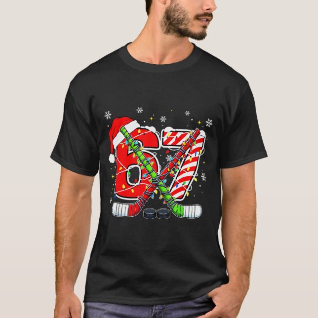 Funny 67 Santa Hat Candy Cane Ice Hockey Six Seven T-Shirt (Front)