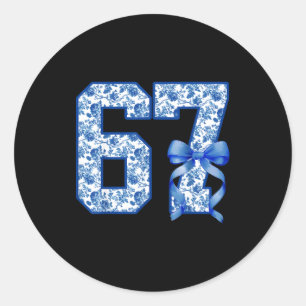 Funny 67 Six Seven Coquette Girly Blue Toile Women Classic Round Sticker