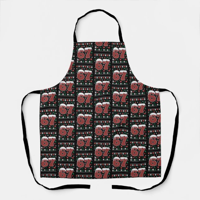 Funny 67 Six Seven Meme Cringe Christmas Red Plaid Apron (Front)